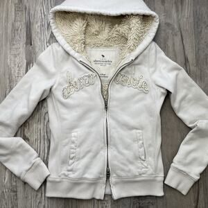 Abercrombie Y2K Fur Sherpa Lined Hoodie Beige White Double Zip Size XL Vintage